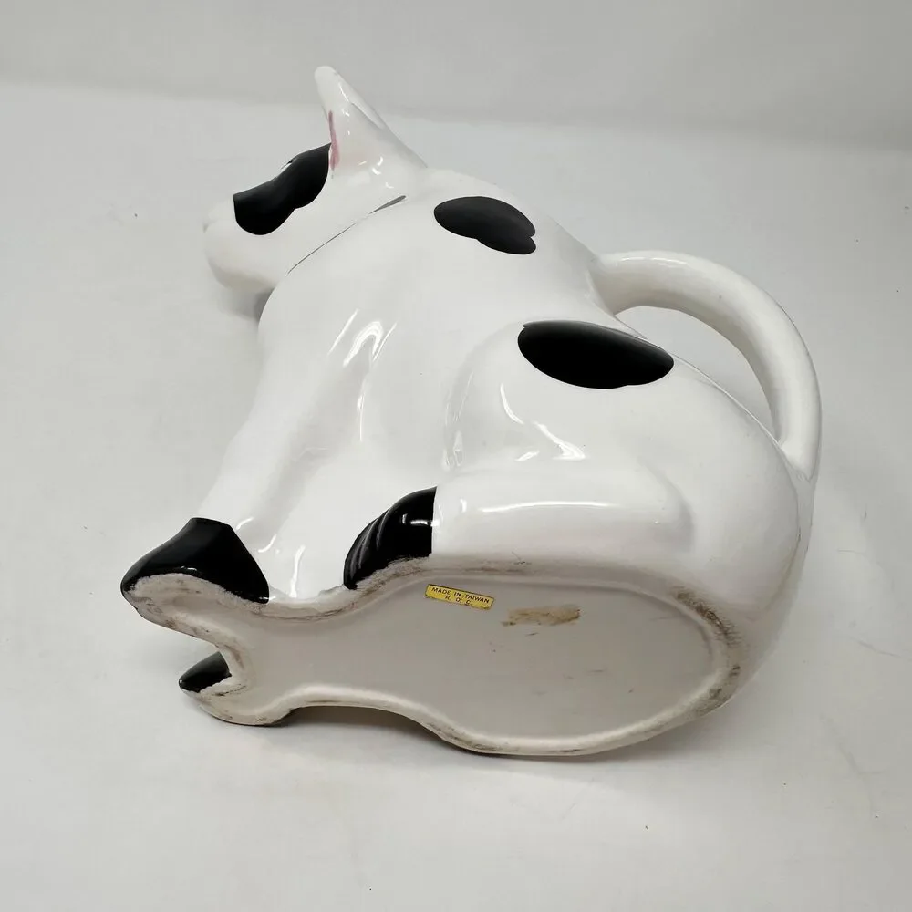 Vintage Cow Pitcher Ceramic Black White Holstein Milk Jug Vase Taiwan - READ